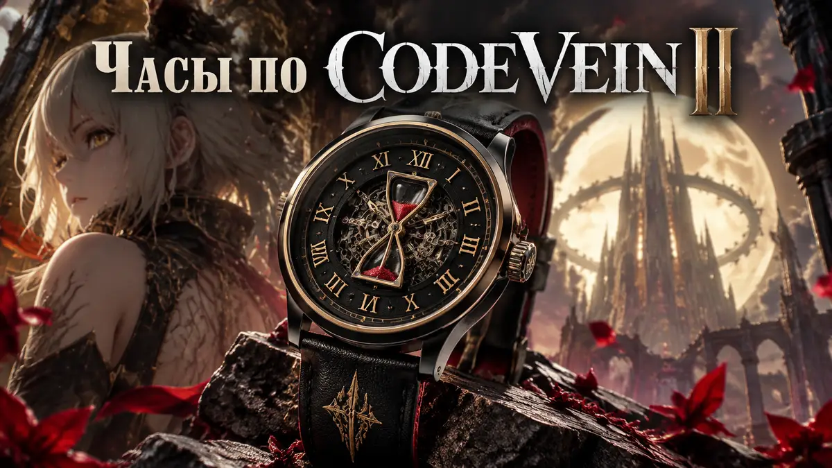 Механические часы Code Vein II со стрелкой-песочными часами и обратным циферблатом на фоне логотипа игры
