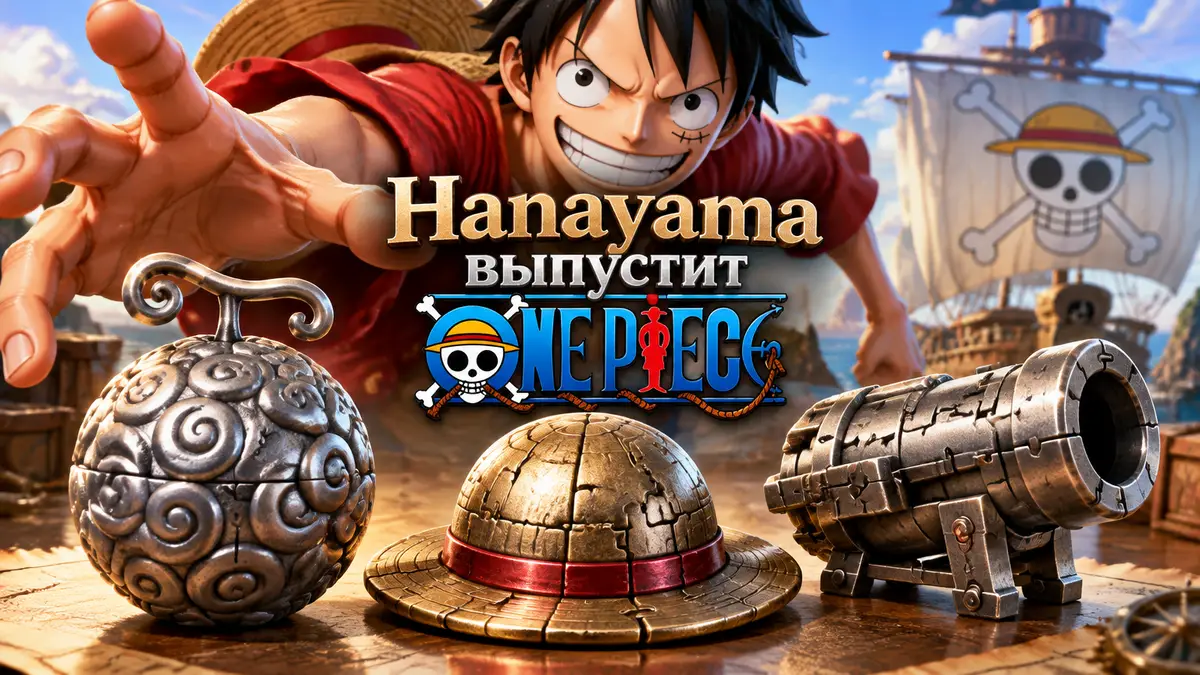 Металлические головоломки Huzzle One Piece: плод Gum-Gum Fruit, соломенная шляпа Луффи и пушка Кида