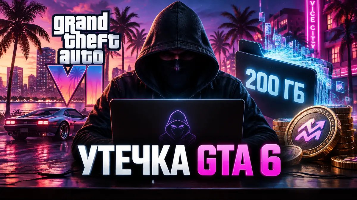 Хакер в капюшоне на фоне неонового Vice City и логотипа GTA 6, утечка билда и криптотокен