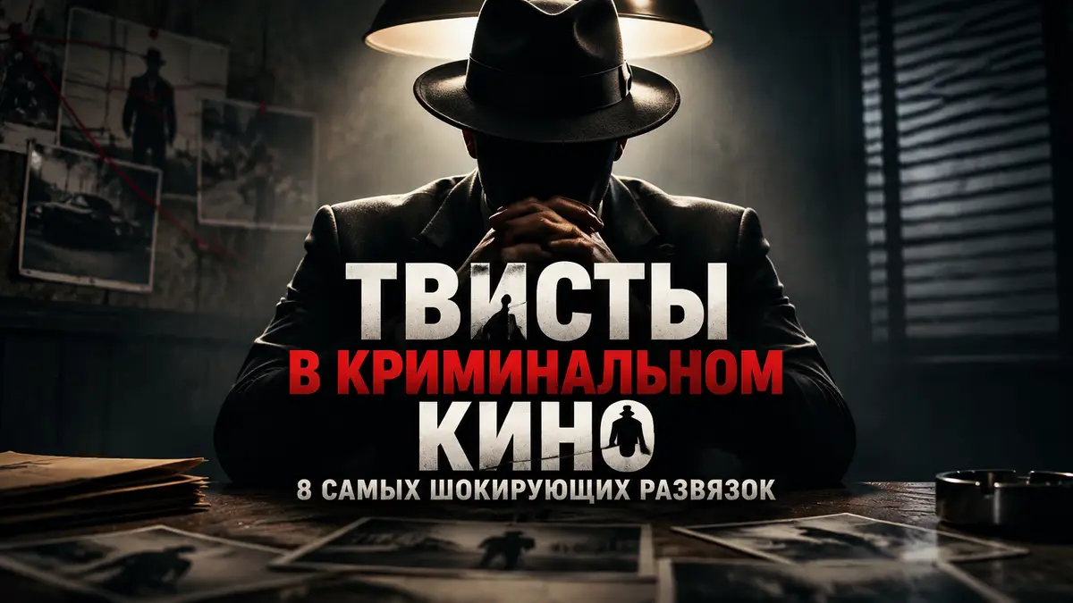 Силуэт гангстера в шляпе в полутёмной комнате для допроса, нуарный постер о твистах криминального кино