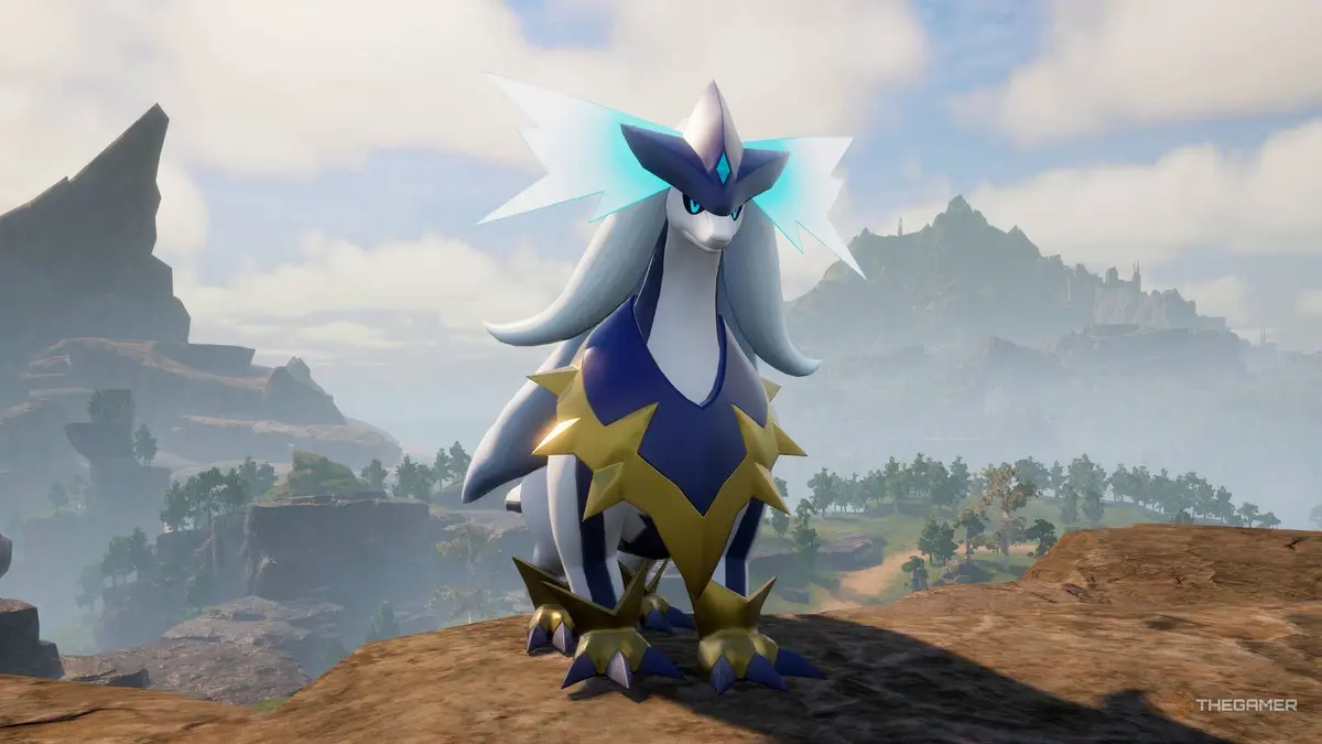 Silvegis looking majestic standing on a cliffide with a scenic sunlit view behind them in Palworld.