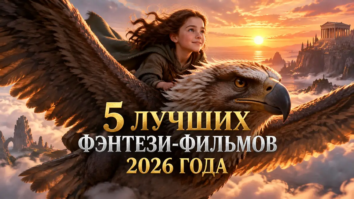 Девочка летит на огромной птице над облаками на закате, постер лучших фэнтези-фильмов 2026 года