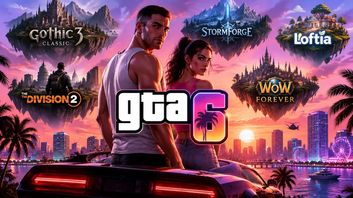 Неоновый Вайс-Сити на закате с логотипом GTA 6 и парящими островами игр с открытым миром ноября