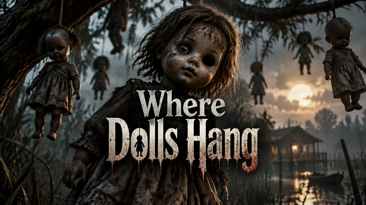 Мрачный постер игры Where Dolls Hang со старыми куклами на ветвях деревьев