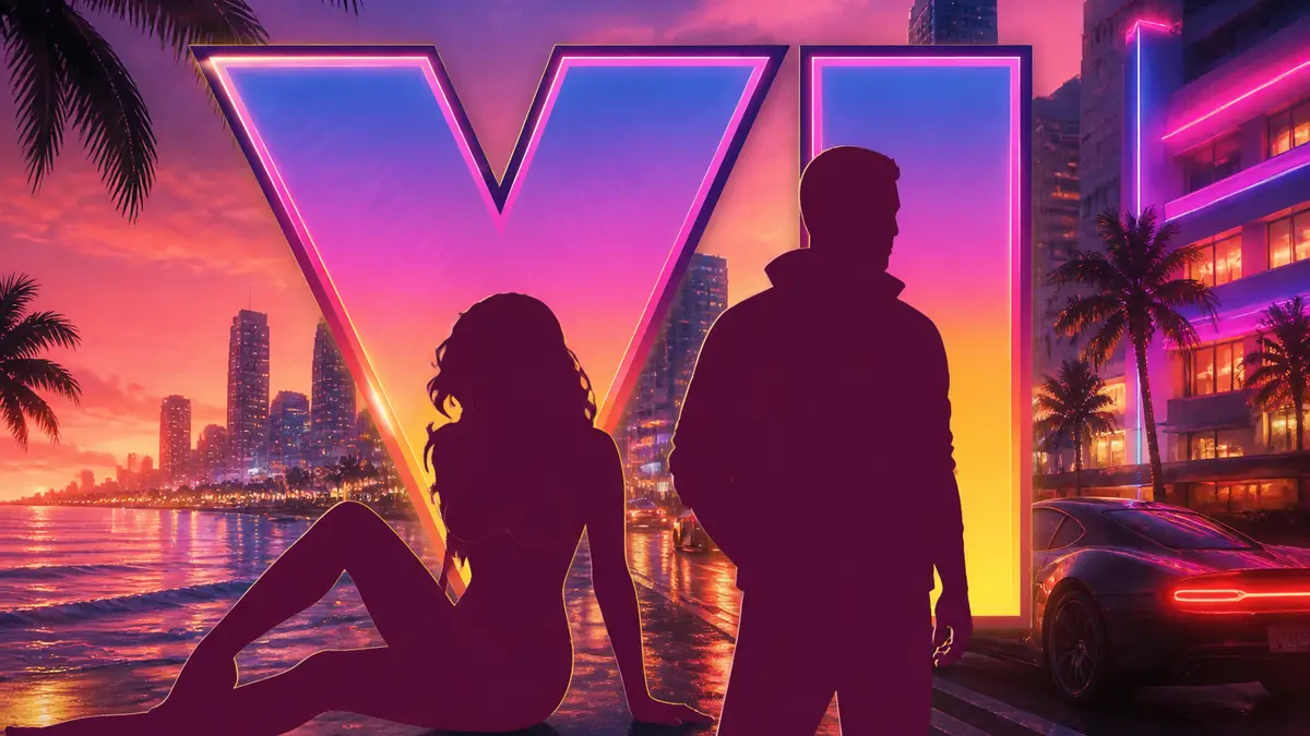 Логотип игры GTA 6 на фоне неонового города Вайс-Сити
