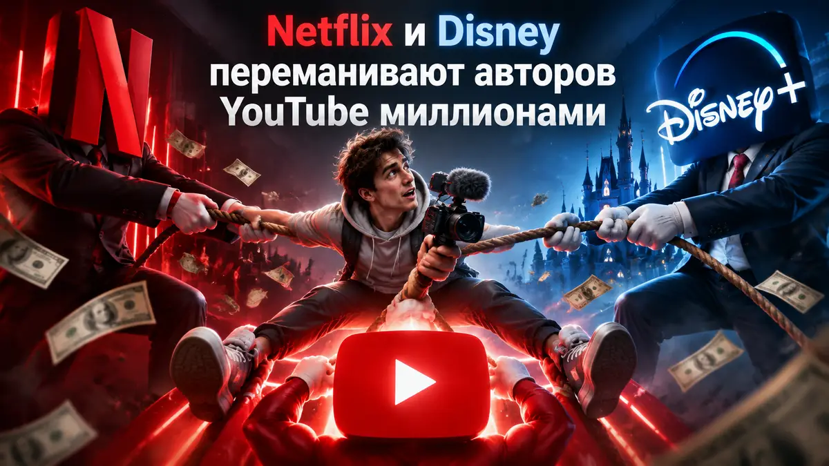 Логотипы YouTube, Netflix и Disney+ тянут к себе блогера с камерой в центре, стриминг-битва за авторов