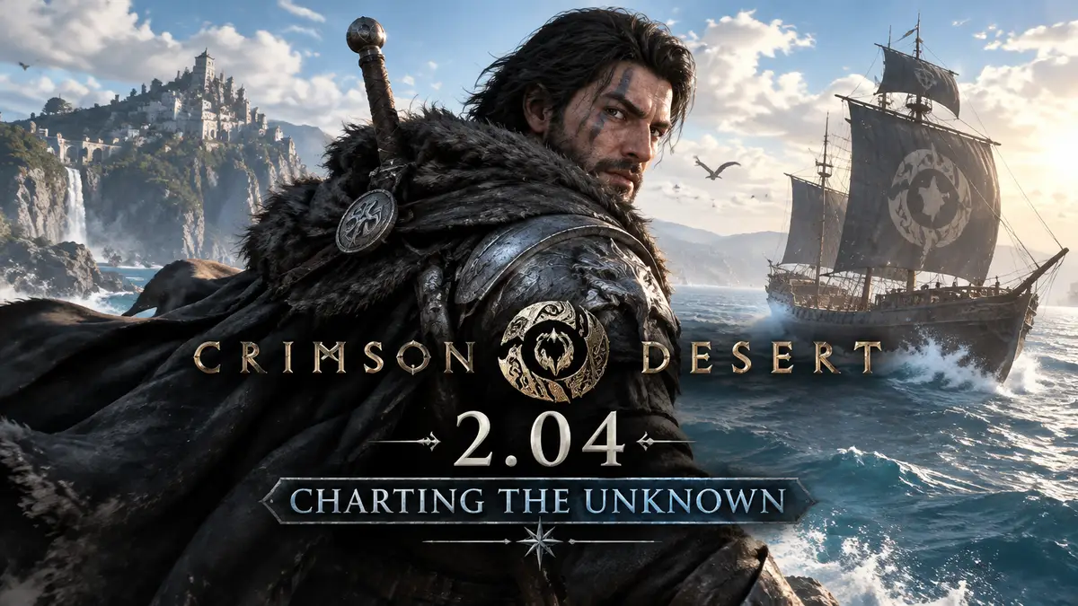 Воин Kliff из Crimson Desert на фоне океана и корабля в стиле экшена Charting the Unknown