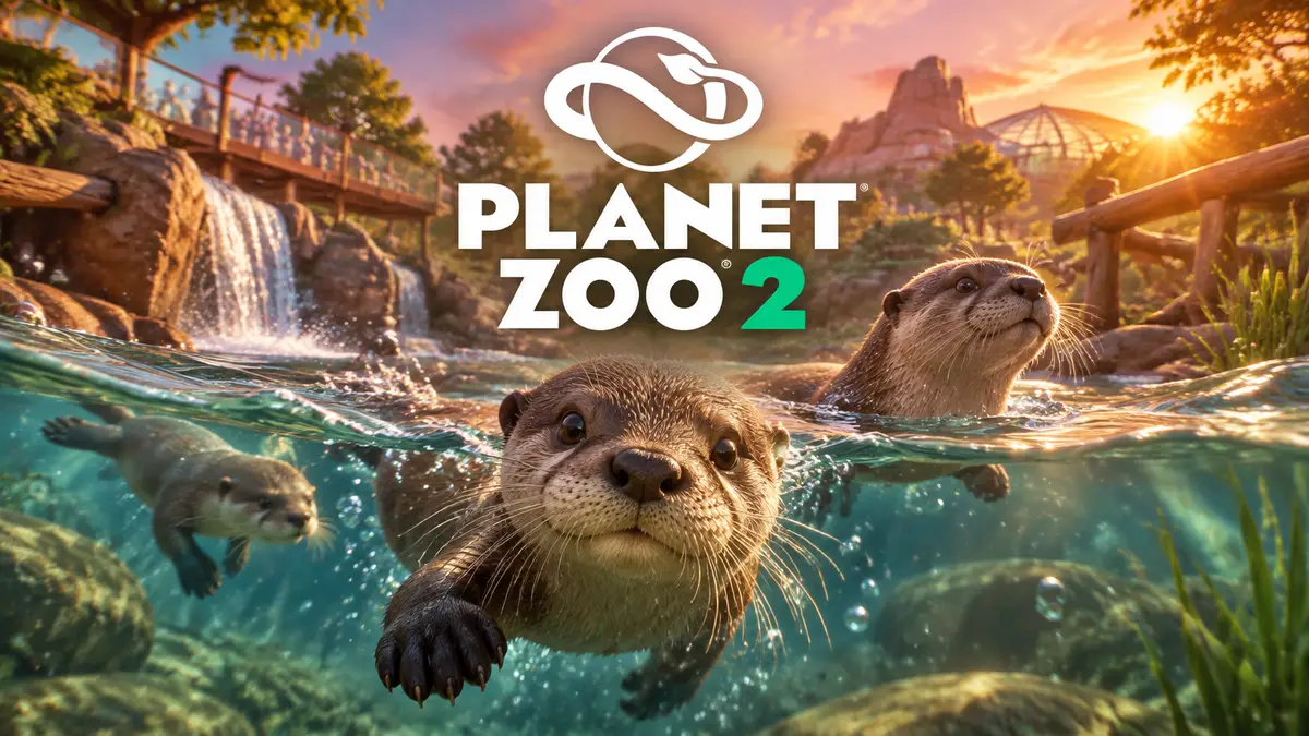 Речные выдры плавают в солнечном вольере Planet Zoo 2 на закате, сказочный стиль зоо-симулятора
