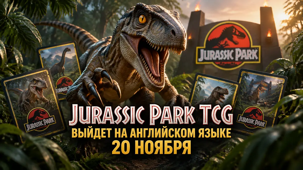 Велоцираптор на фоне коллекционных карт Jurassic Park TCG с логотипом «Парка юрского периода» в джунглях