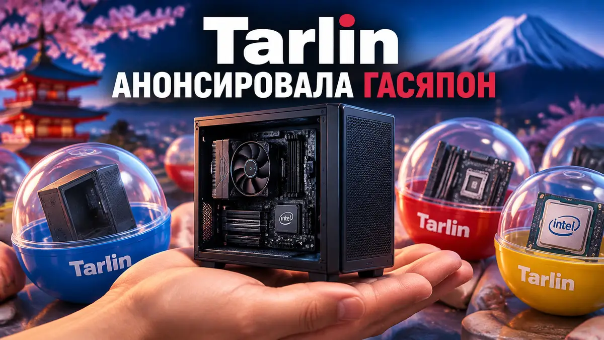 Миниатюрный чёрный корпус ПК с материнской платой и кулером на ладони, рядом капсулы гасяпона Tarlin