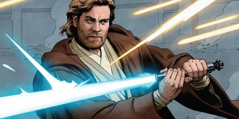 Jedi Knight Obi-Wan deflects lasers with his lightsaber