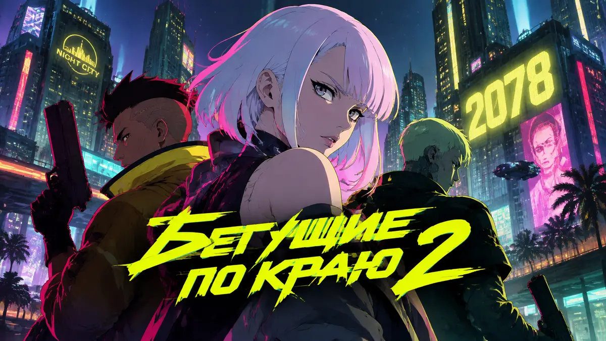 Неоновый Найт-Сити 2078 года, наёмники в стиле аниме «Киберпанк: Бегущие по краю 2» на фоне небоскрёбов