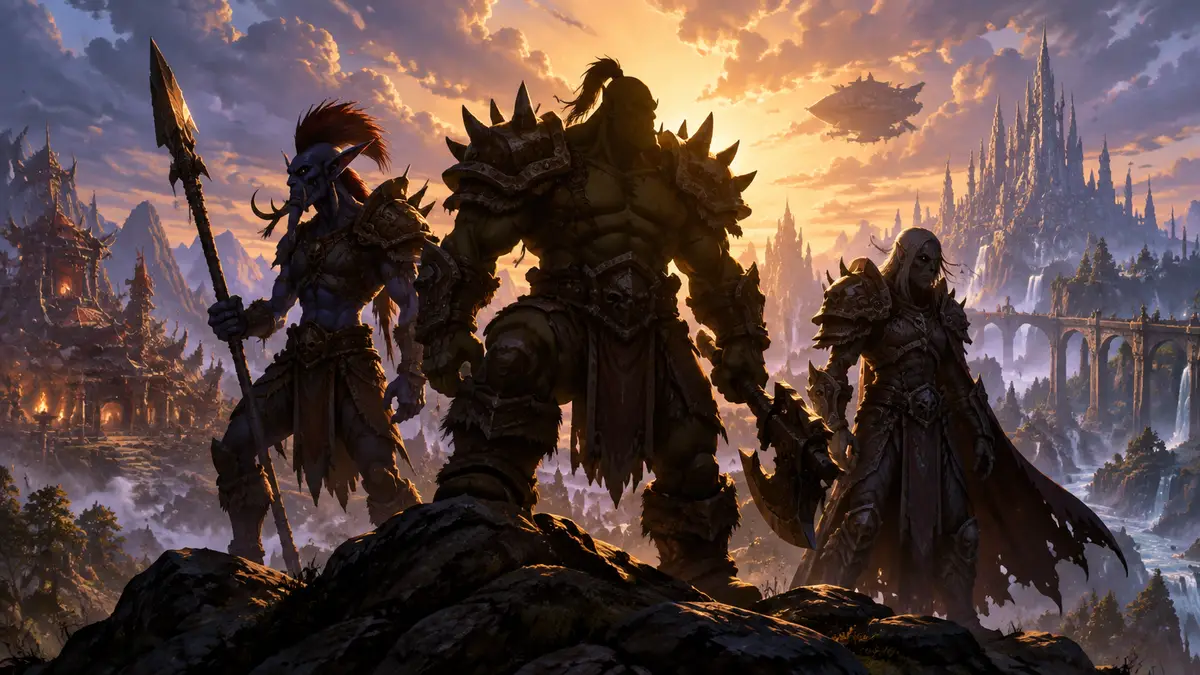 Тролль, орк и отрекшийся в доспехах World of Warcraft: Forever на фоне фэнтези