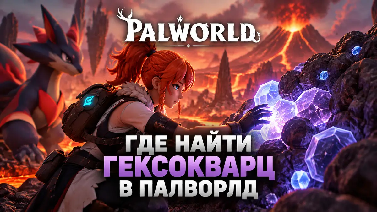 Тренер из Palworld у сияющей жилы гексокварца на вулканическом острове Feybreak, логотип Palworld