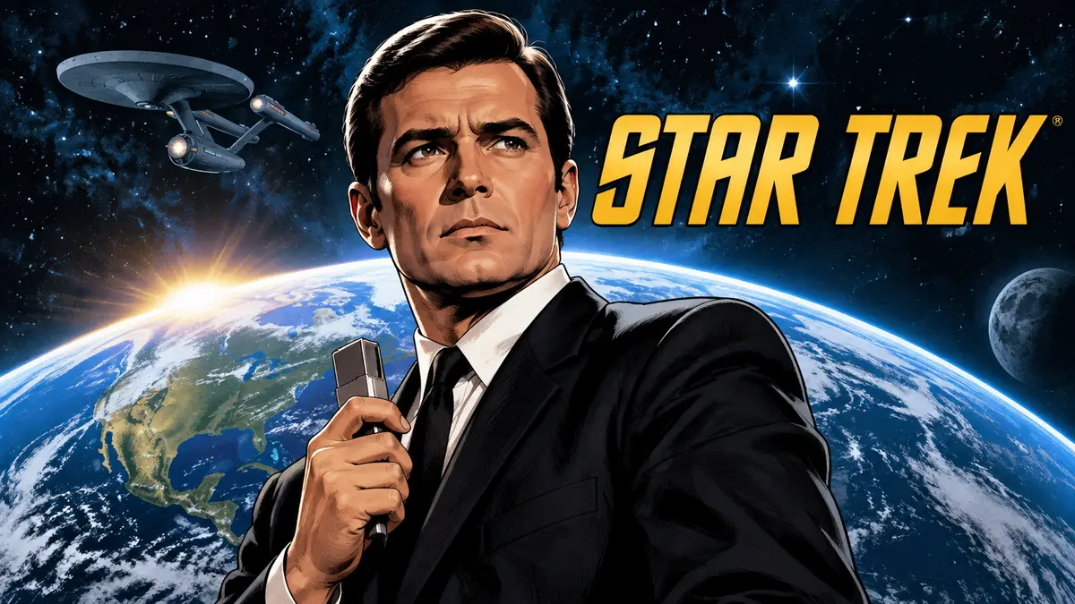Агент Гэри Севен в строгом костюме на фоне Земли и звёзд, логотип Star Trek, стиль обложки комикса IDW