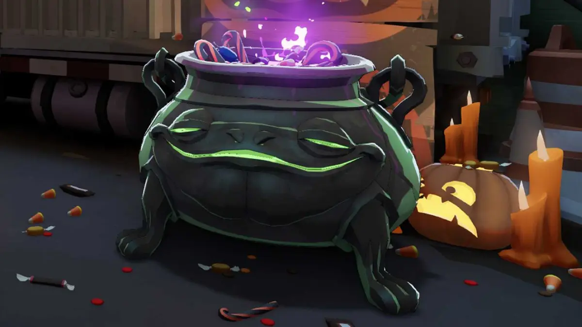 Deadlock cauldron with candy pouring out of it.