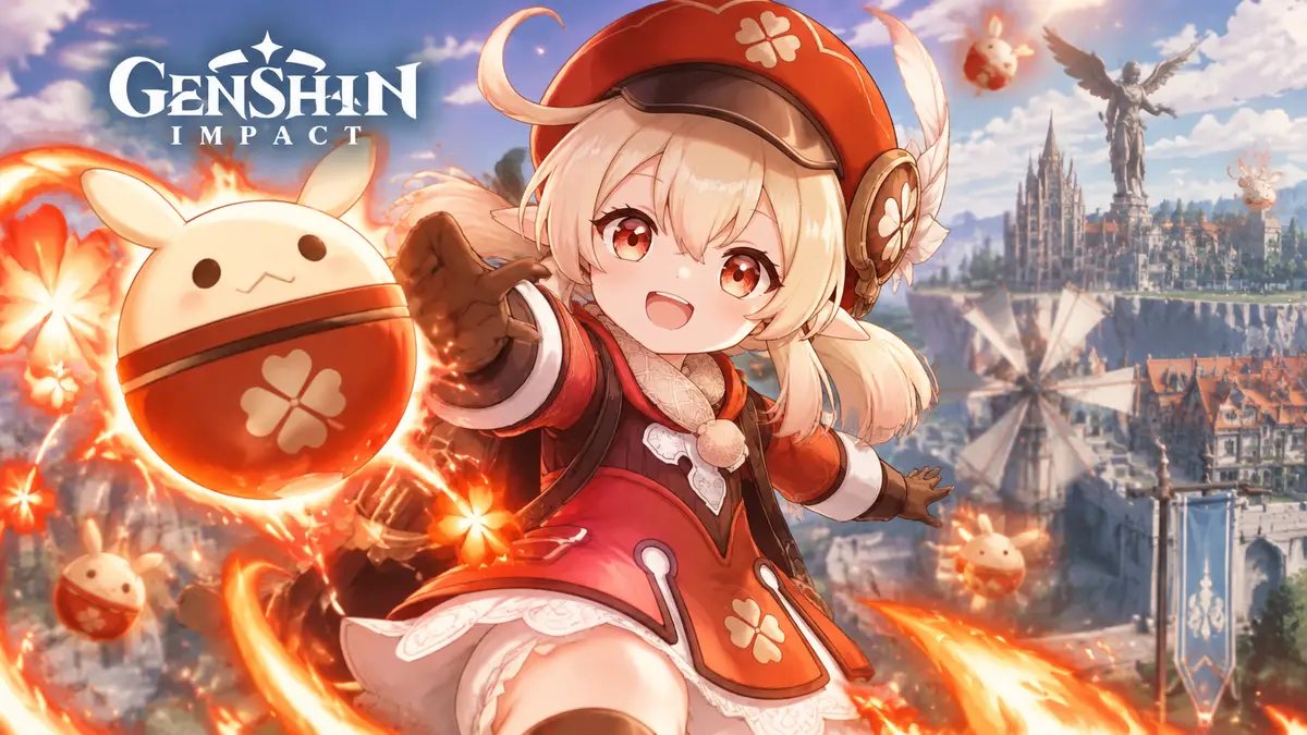 Кли из Genshin Impact с бомбой Jumpy Dumpty в огненных искрах Pyro на фоне Мондштадта, логотип игры
