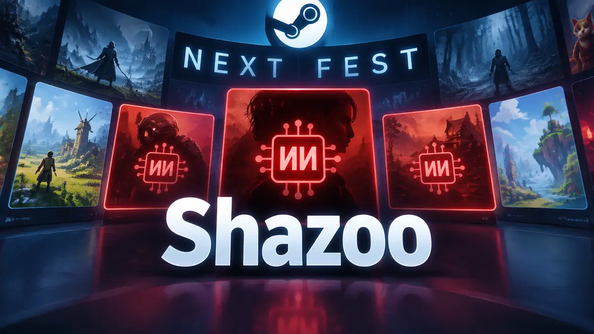 Витрина Steam Next Fest с карточками игр, часть подсвечена красным, над ними символ ИИ и логотип Steam