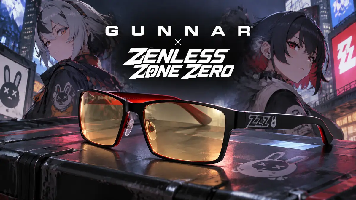 Геймерские защитные очки Gunnar Optiks в стиле Zenless Zone Zero на стильном урбанистическом фоне