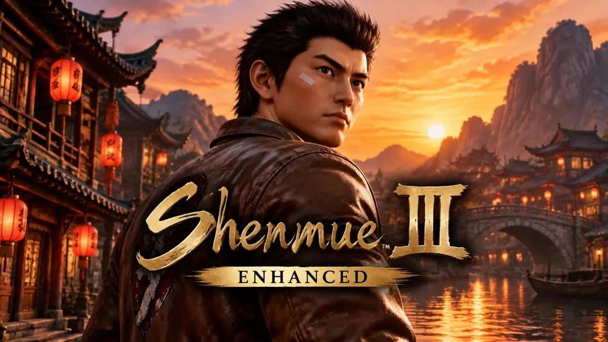 Рё в кожаной куртке на фоне старинного китайского городка, логотип Shenmue III Enhanced, закатный свет