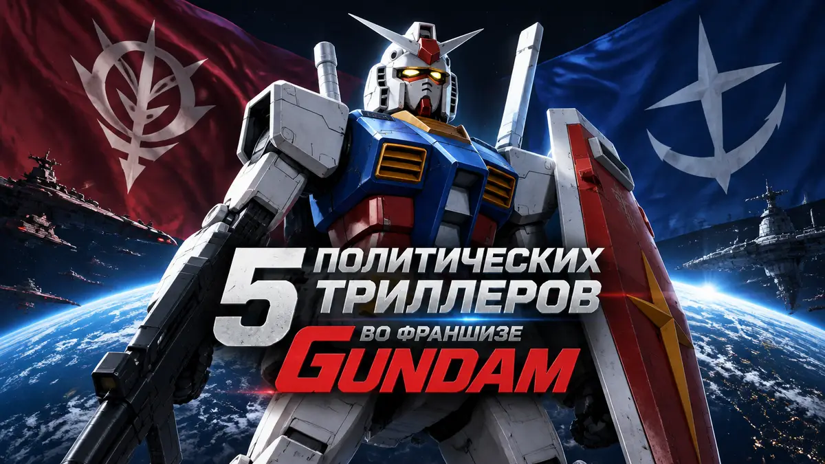 Белый робот Gundam на фоне космоса и Земли, флаги враждующих фракций, постер аниме-франшизы Gundam