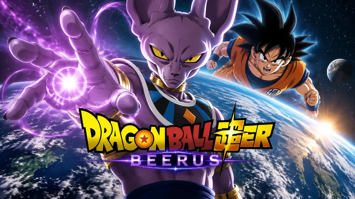 Бог разрушения Биррус парит в космосе над планетой, за ним Гоку, постер Dragon Ball Super: Beerus