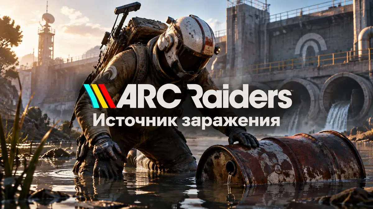 Рейдер ARC Raiders у ржавой бочки в стоячей воде у очистных сооружений, квест «Источник заражения»