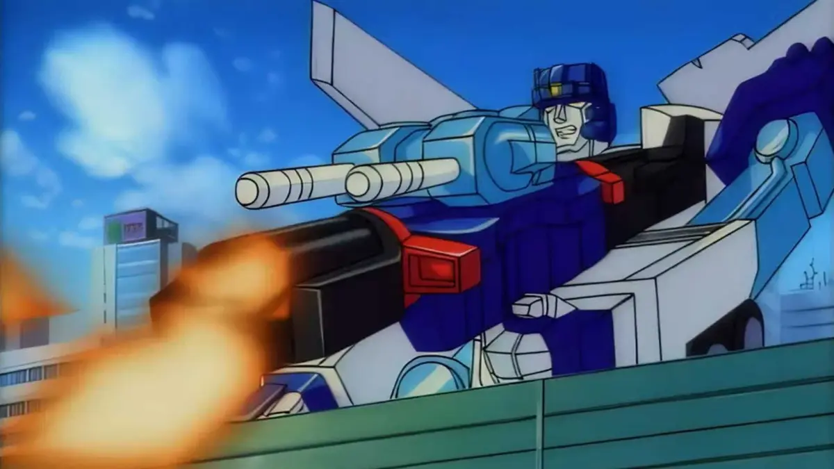 Transformers Robots in Disguise 2001 Ultra Magnus shooting from his giant cannon at Sky-Byte