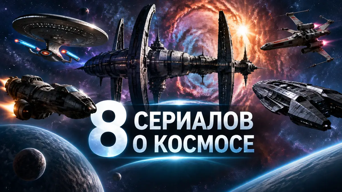 Звездолёты из космических сериалов на фоне туманности и станции Вавилон-5, постер подборки научной фантастики