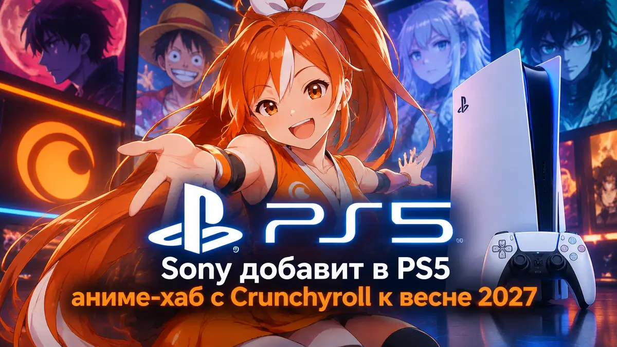 Аниме-героиня Crunchyroll-hime рядом с логотипом PlayStation 5 на фоне ярких неоновых аниме-постеров