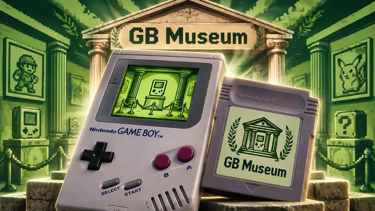 Серый Game Boy с картриджем музея на зелёном пиксельном фоне, над экраном античный храм и надпись GB Museum