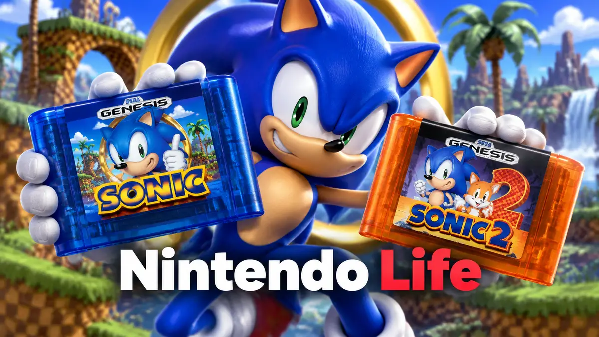 Коллекционные картриджи Sonic и Sonic 2 для Sega Genesis в синей и оранжевой коробках, Соник на фоне