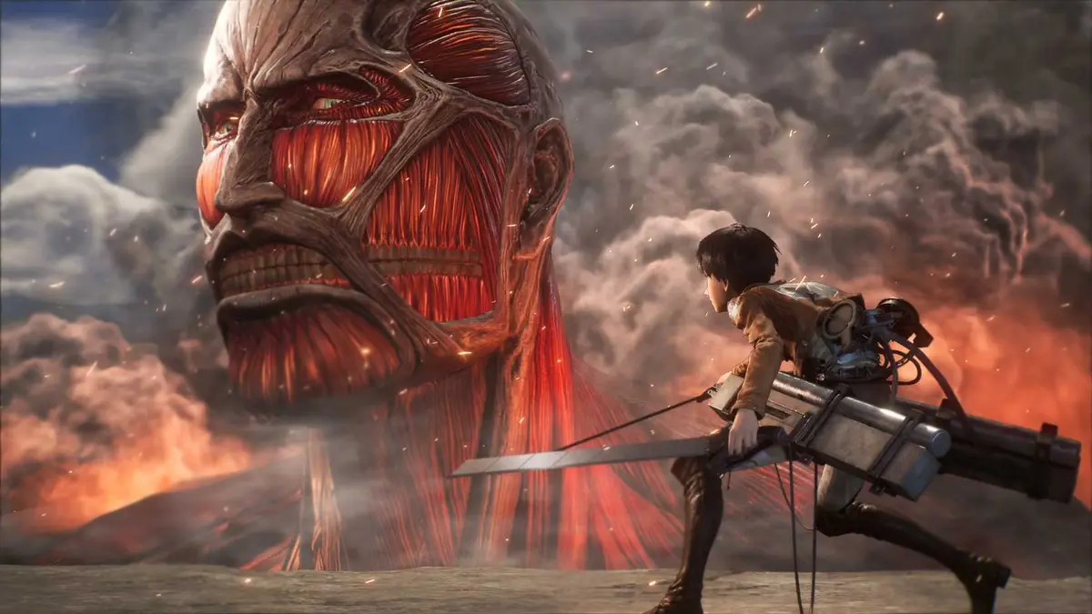 eren staring head on with the collossal titan.