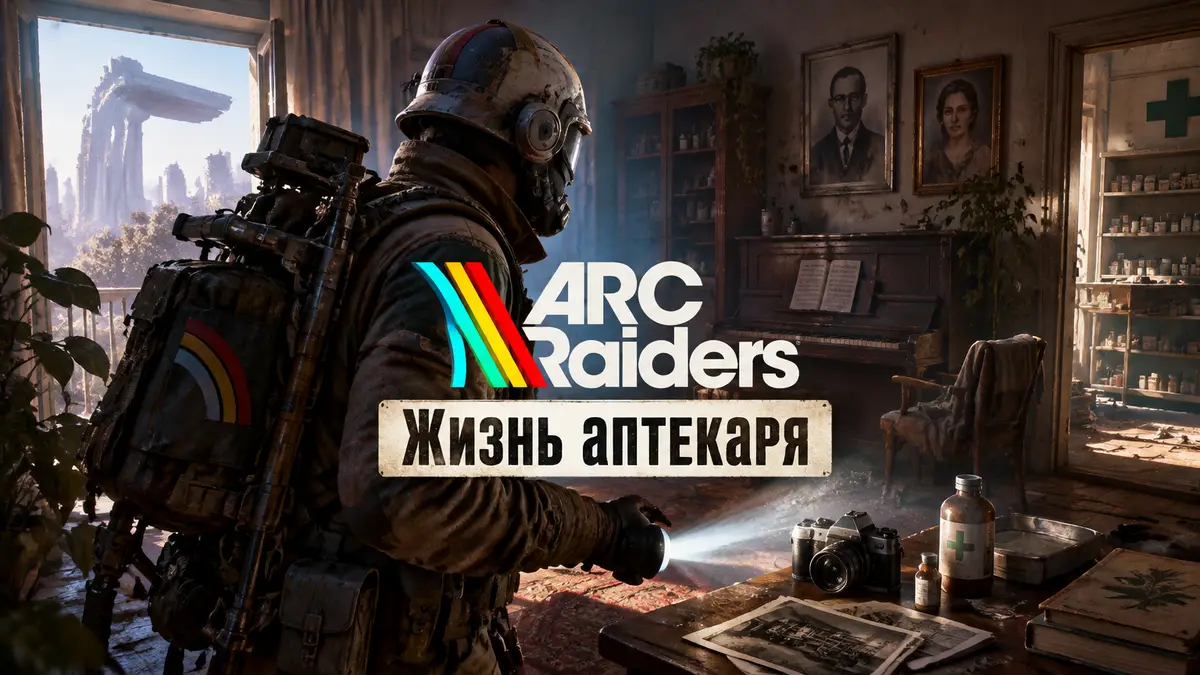 Рейдер с фонариком в заброшенной квартире аптекаря с портретами и пианино, ARC Raiders «Жизнь аптекаря»