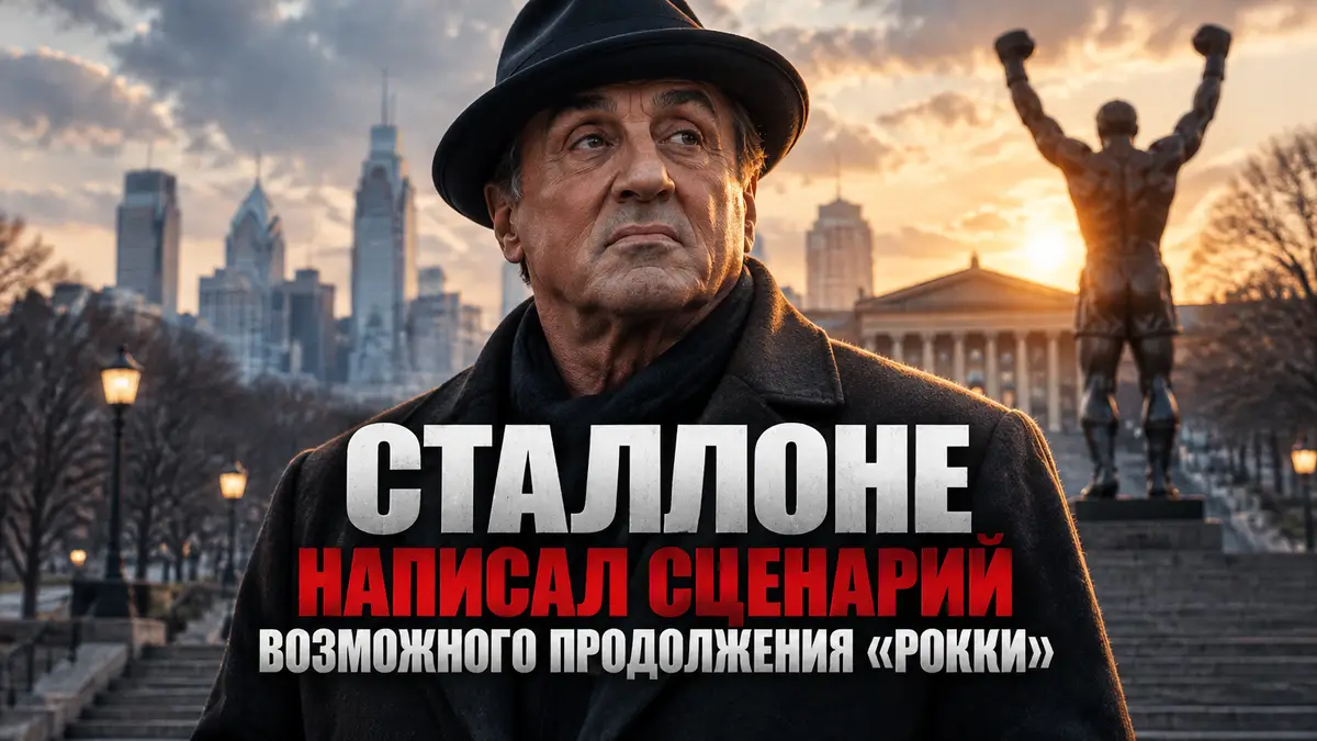 Постаревший Рокки Бальбоа в шляпе и пальто на улице Филадельфии, постер в стиле фильмов «Рокки»