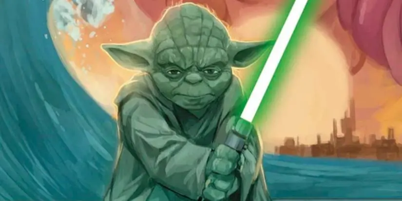 Yoda wields his green lightsaber with a wave in the background in Star Wars: Yoda cover art.