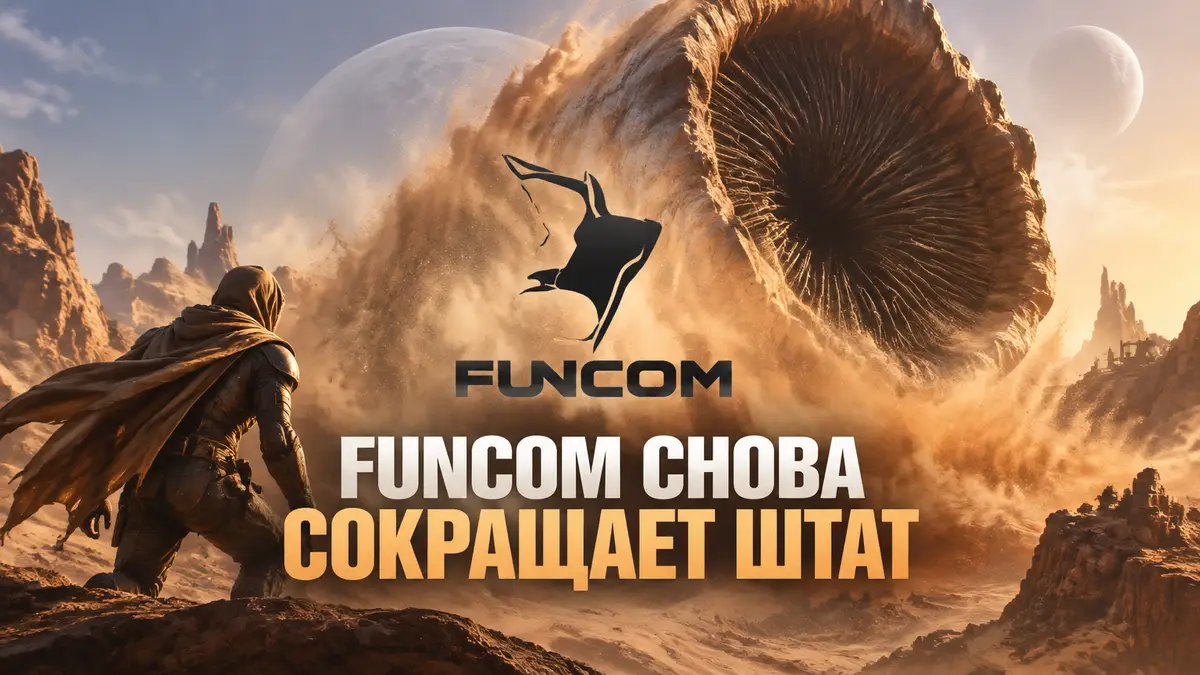 Пустынный пейзаж Арракиса из Dune: Awakening с гигантским песчаным червём и логотипом Funcom