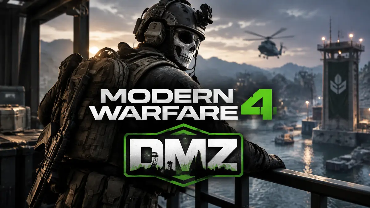 Солдат в тактическом снаряжении у перил в стиле Call of Duty Modern Warfare 4 DMZ, логотип режима