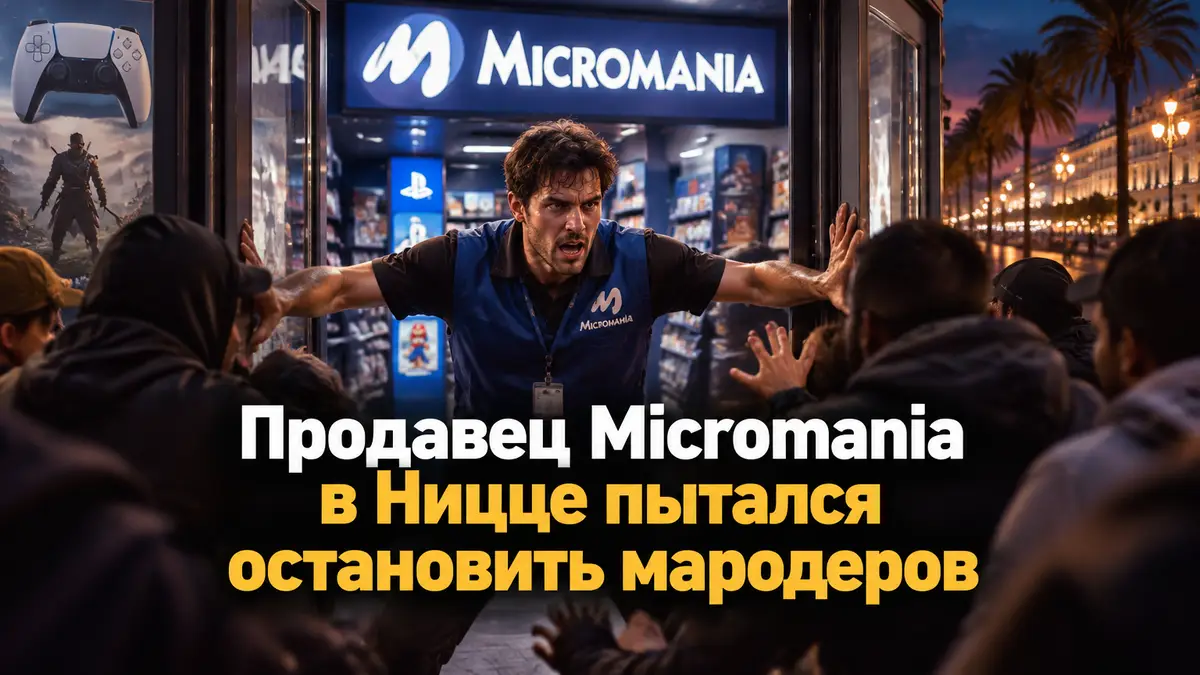 Продавец игрового магазина Micromania стоит в дверях, преграждая вход толпе, вечерняя улица Ниццы