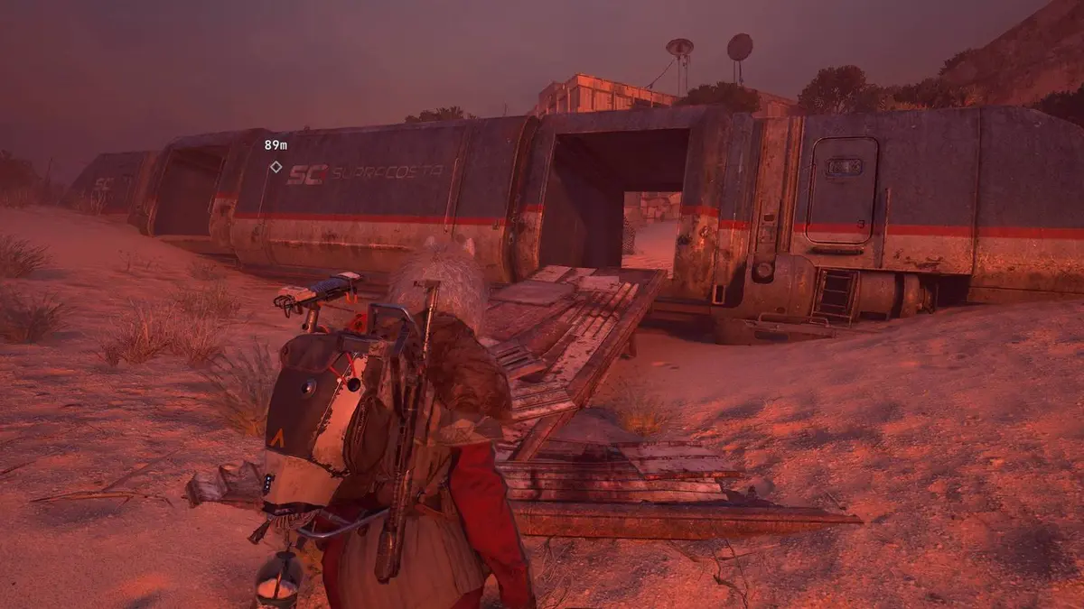 The player standing in front of the derailed train near Marano Station in Arc Raiders.