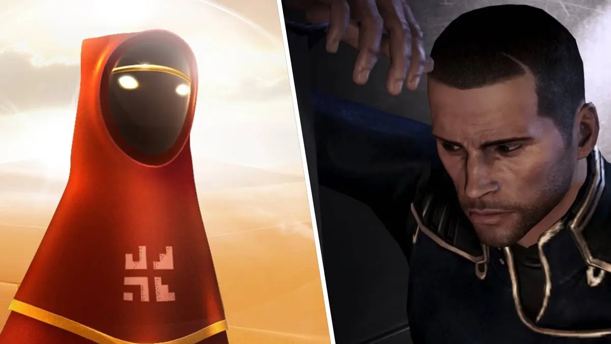 Left: main character from Journey. Right: Commander Shepard looking sad.