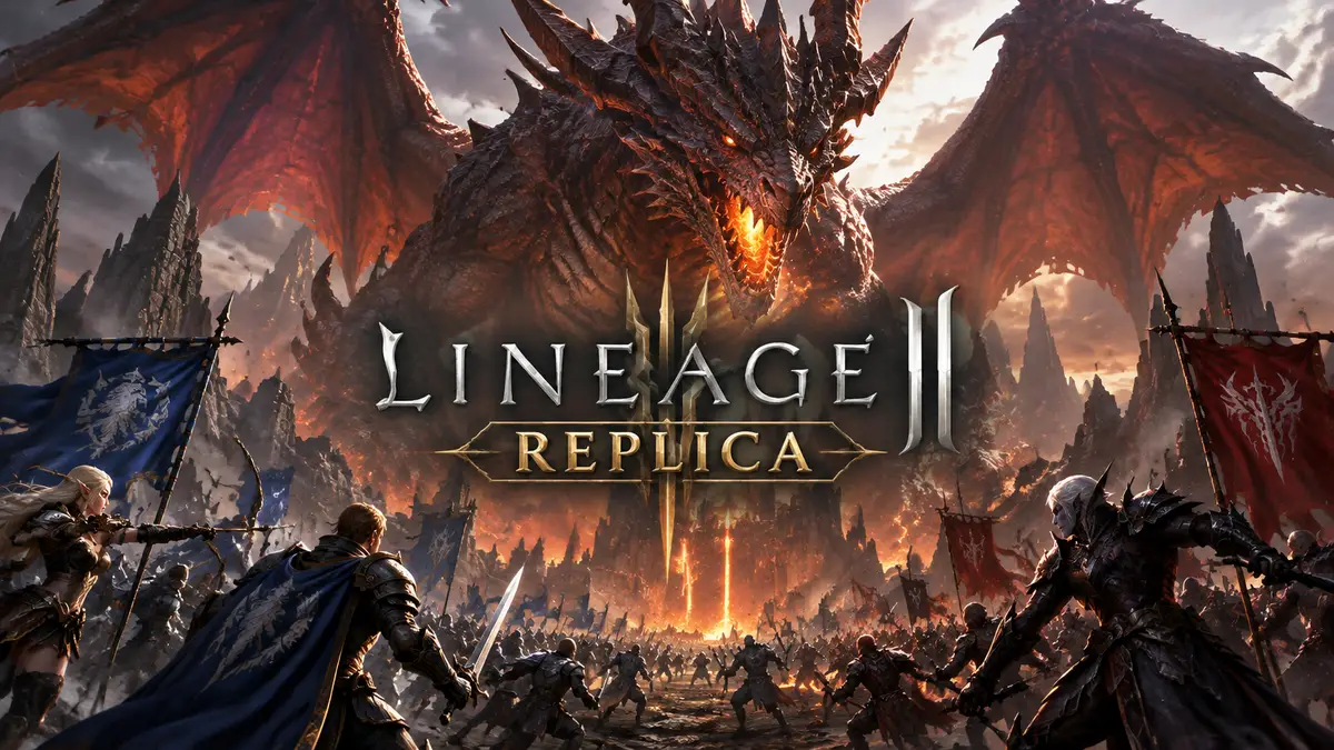 Огромный дракон Антарас над полем битвы двух армий, логотип Lineage 2 Replica в фэнтези-стиле