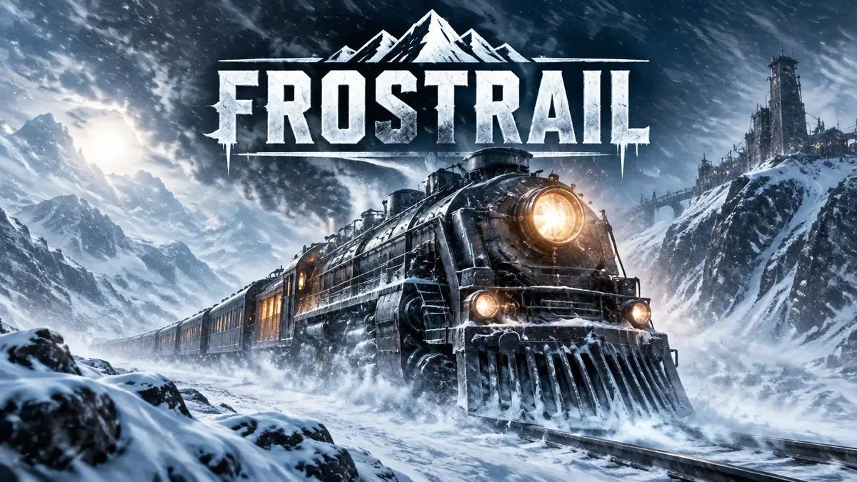Поезд из игры Frostrail мчится сквозь снежную бурю, арт с логотипом проекта