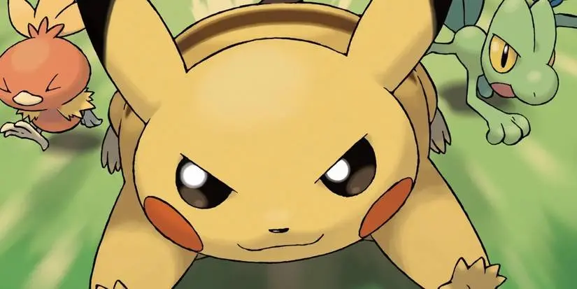 Pikachu running towards the camera next to Treecko and Torchic in the cover art to 'Pokemon Dash'