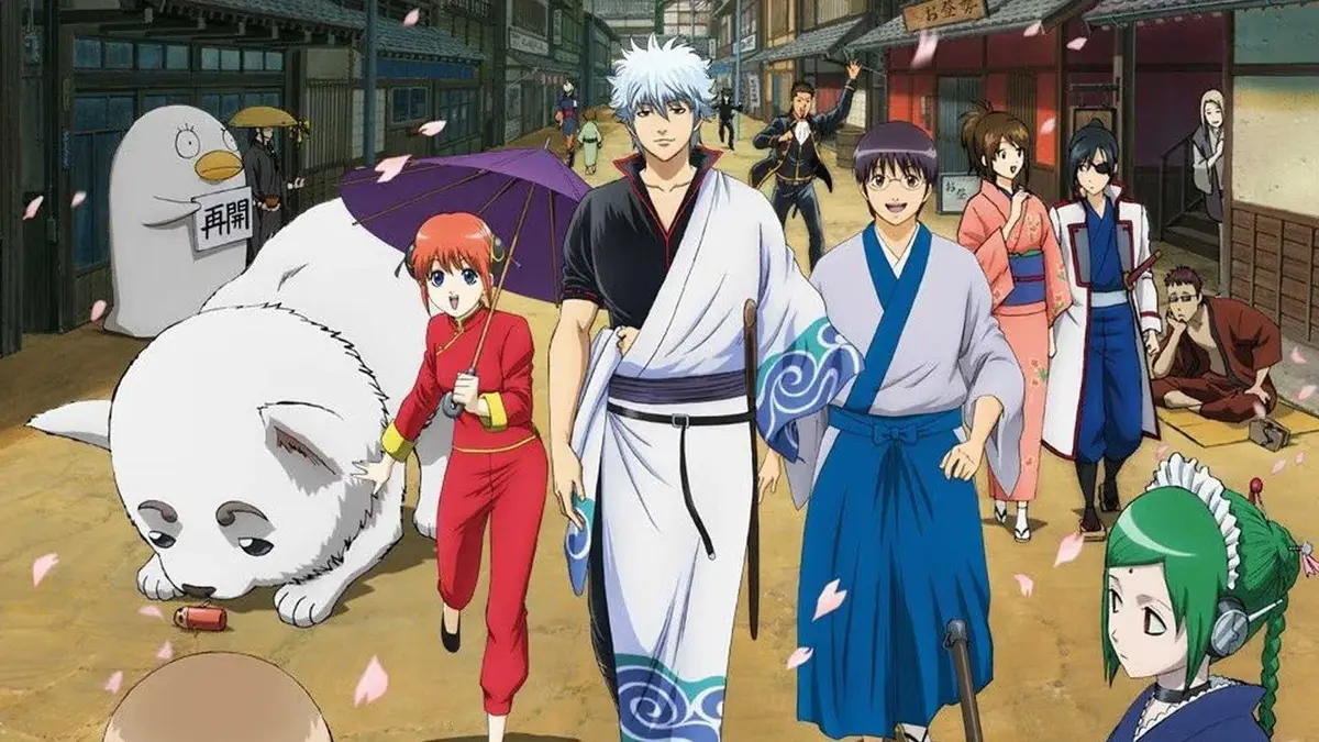 Gintama's Sadaharu, Kagura, Gintoki and Shinpachi walking down the street