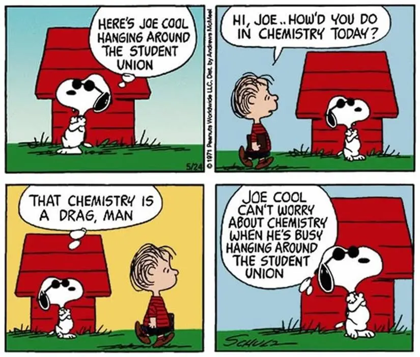 Snoopy, in his alter ego as a Joe Cool, in the Peanuts comic strip from May 27, 1971