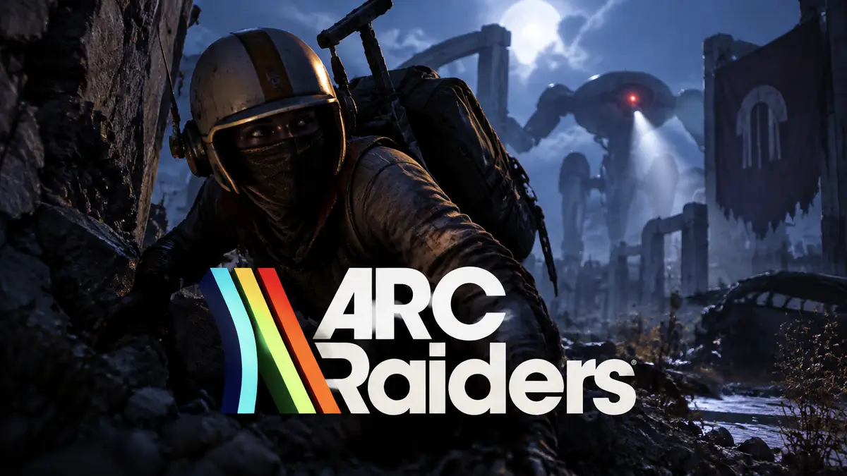 Рейдер из ARC Raiders крадётся в темноте с погасшим рюкзаком, на фоне руины и силуэт робота ARC