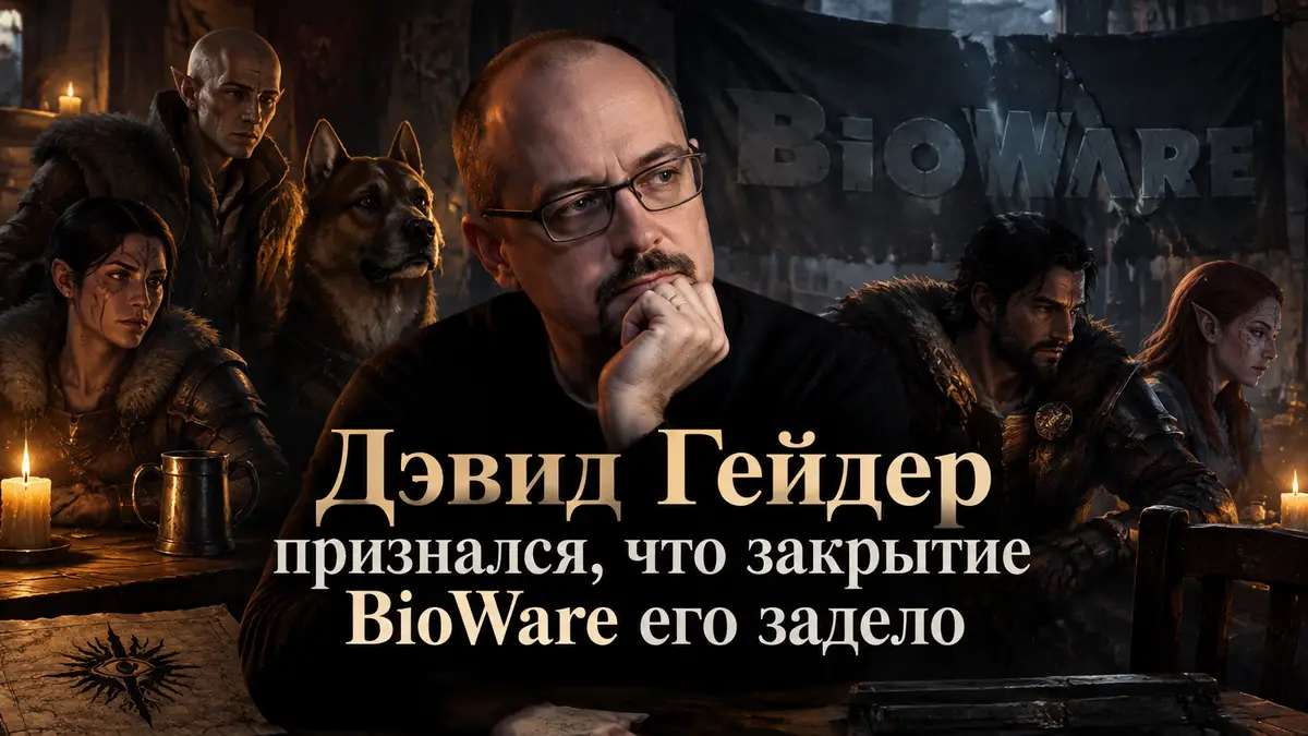 Дэвид Гейдер на фоне потухшего логотипа BioWare и героев Dragon Age в полумраке старой таверны