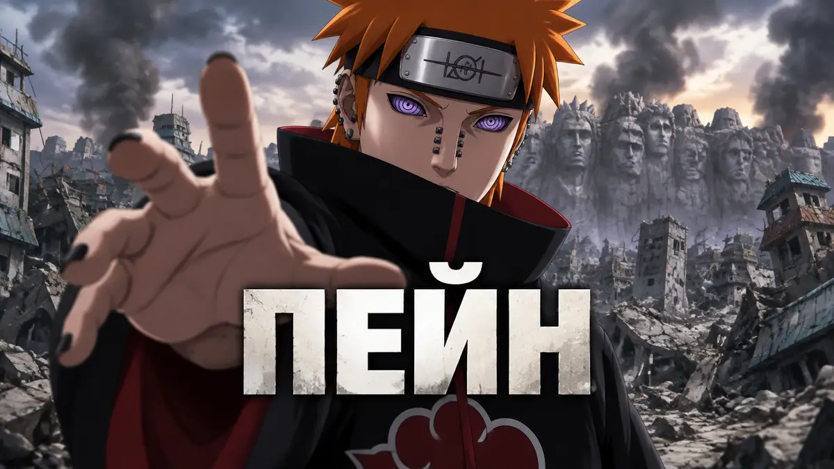 Пейн из аниме «Наруто» с фиолетовыми глазами Rinnegan в плаще Akatsuki на фоне разрушенной Конохи
