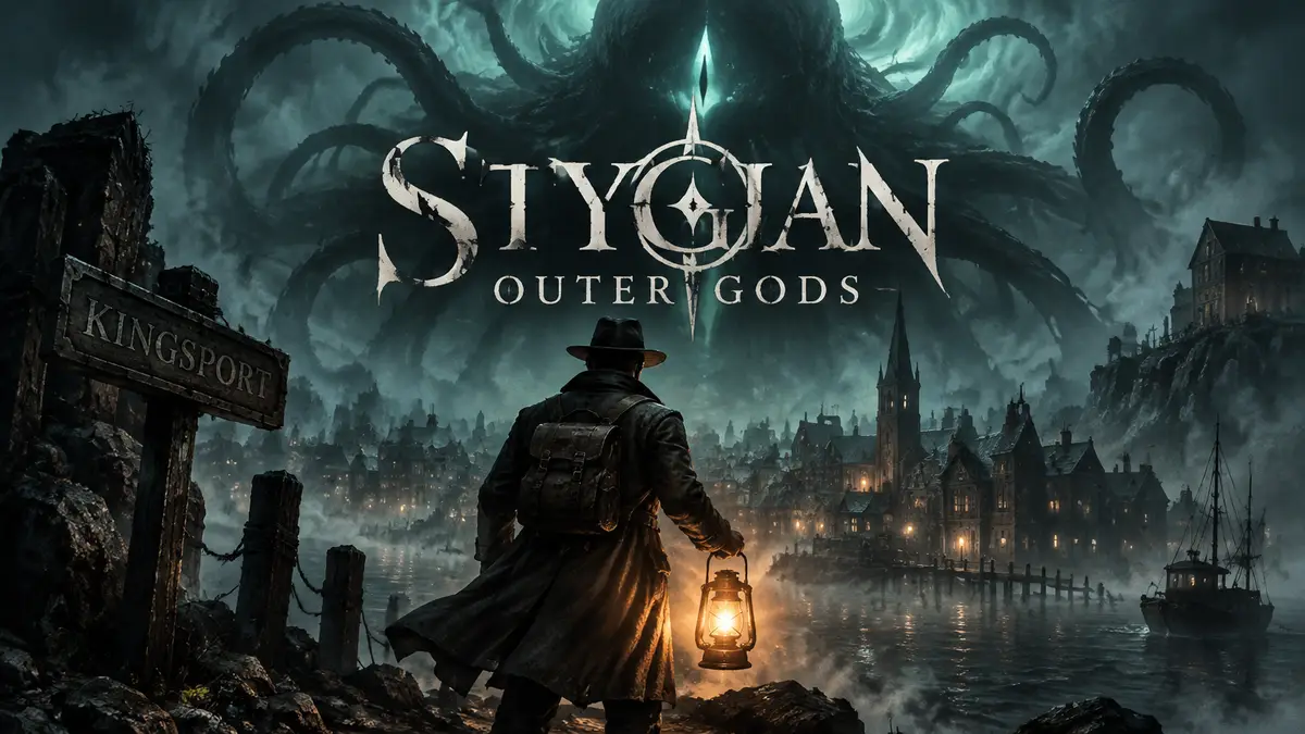 Stygian: Outer Gods — путник с фонарём в туманном Кингспорте, над городом нависает тень Внешнего Бога
